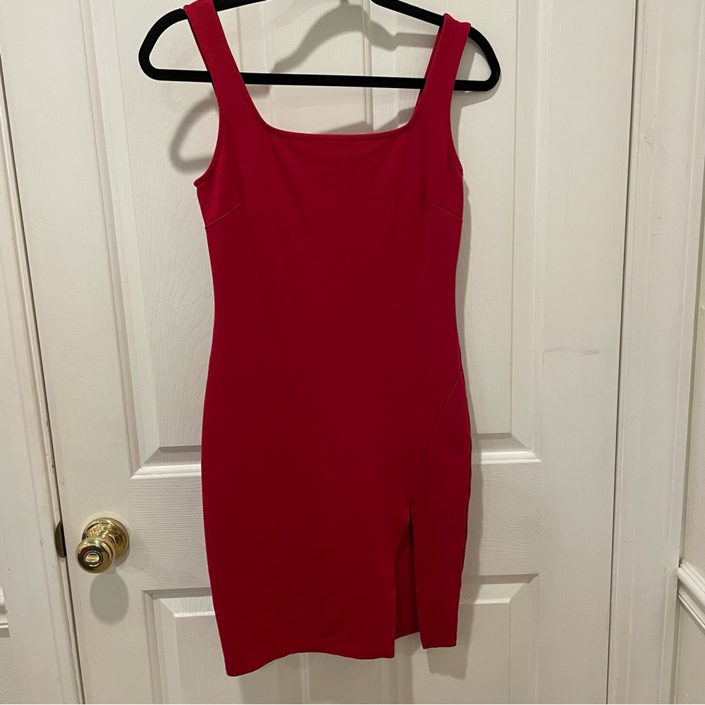 Women’s Stretchy Red Sheath Dress with Small Slit on one side, Size Small